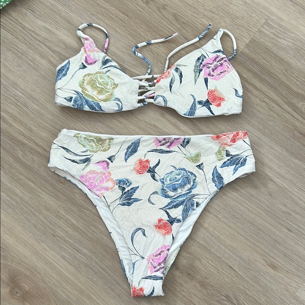 Floral Bikini Set with Lace-Up Detail